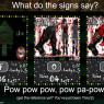 What do the signs say
